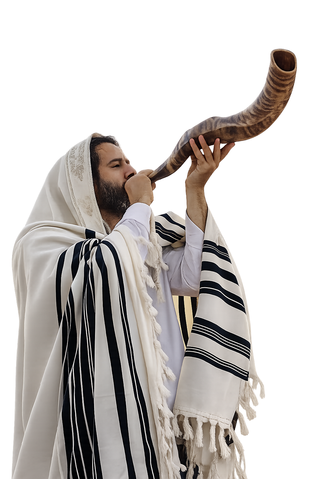 Man wearing a tallit blowing a shofar